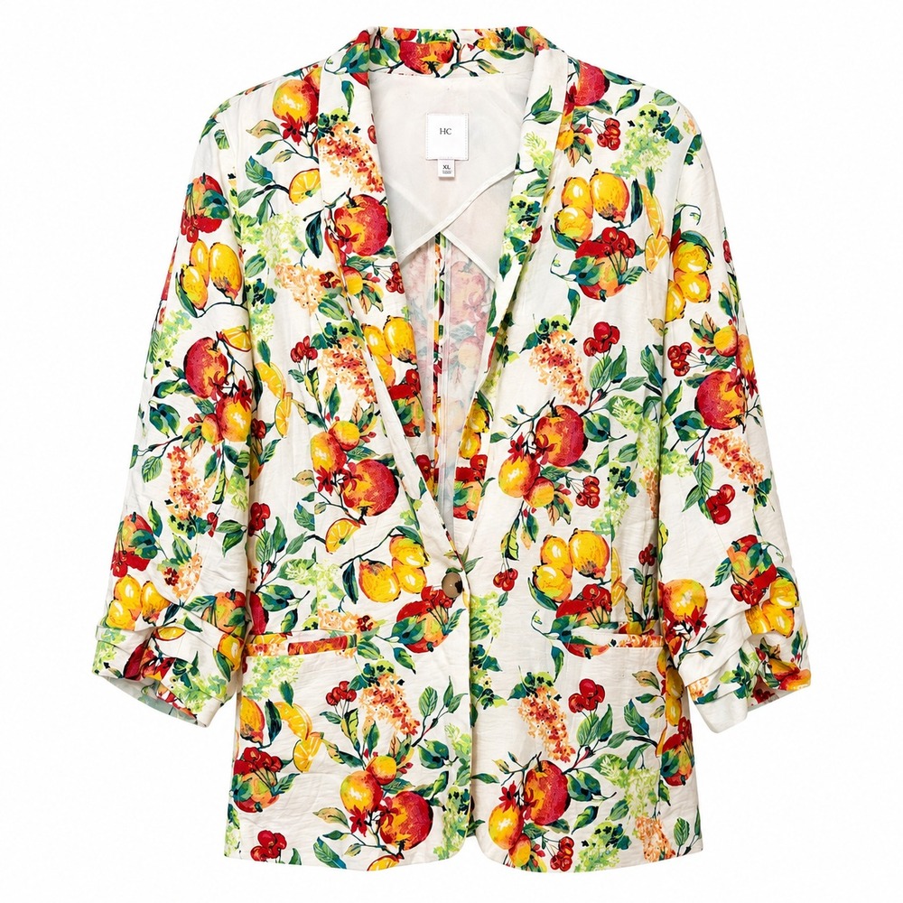 Dopamine Dressing Fruit Print Eclectic Blazer Womens Size XL Parisian Chic Lemon